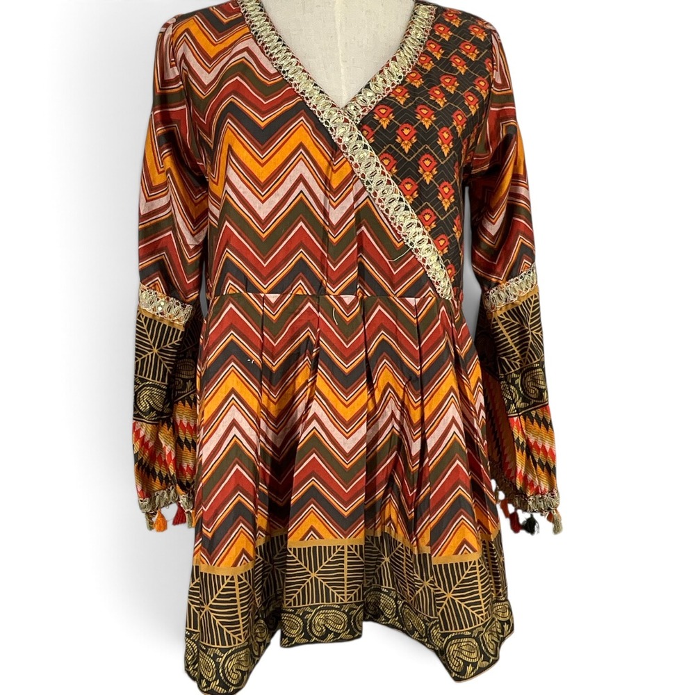 Khaadi Womens Cotton Sateen Geometric Floral Tassel Tunic Top Orange Red Size 10